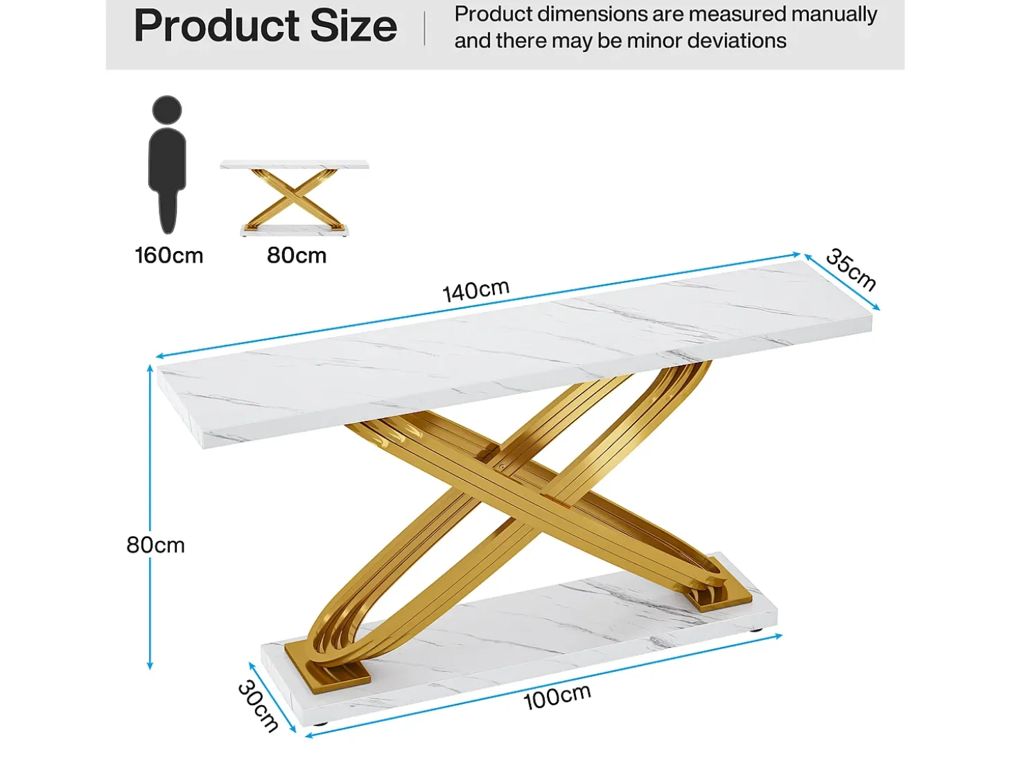 Console de entrada, 140 x 33 x 80 cm Console moderna, Mesa de entrada com pés metálicos geométricos, Branco e Dourado