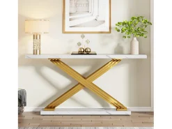 Console de entrada, 140 x 33 x 80 cm Console moderna, Mesa de entrada com pés metálicos geométricos, Branco e Dourado