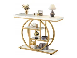 Console de Estilo Industrial de 105 cm, com 4 Níveis e Base Circular, estreita em Madeira com Prateleiras de Armazenamento (Branco/Dourado)