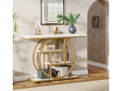 Console de Estilo Industrial de 105 cm, com 4 Níveis e Base Circular, estreita em Madeira com Prateleiras de Armazenamento (Branco/Dourado)