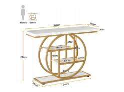 Console de Estilo Industrial de 105 cm, com 4 Níveis e Base Circular, estreita em Madeira com Prateleiras de Armazenamento (Branco/Dourado)