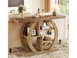 Console de mesa com 4 níveis, 108 cm, com base circular, em madeira com prateleiras de armazenamento, para sala, corredor, lareira, carvalho claro marrom