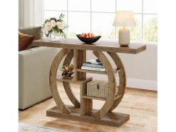 Console de mesa com 4 níveis, 108 cm, com base circular, em madeira com prateleiras de armazenamento, para sala, corredor, lareira, carvalho claro marrom