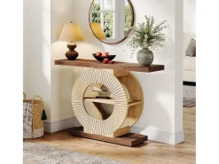 Console de mesa de 100 cm com armazenamento - Mesa de entrada em madeira para sala, com prateleiras e base circular