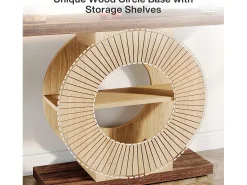 Console de mesa de 100 cm com armazenamento - Mesa de entrada em madeira para sala, com prateleiras e base circular
