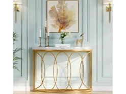 Console de mesa dourada, mesa de cabeceira, mesa de sofá, mesa de corredor com mesa em imitação de mármore, moldura de metal e design em meia lua