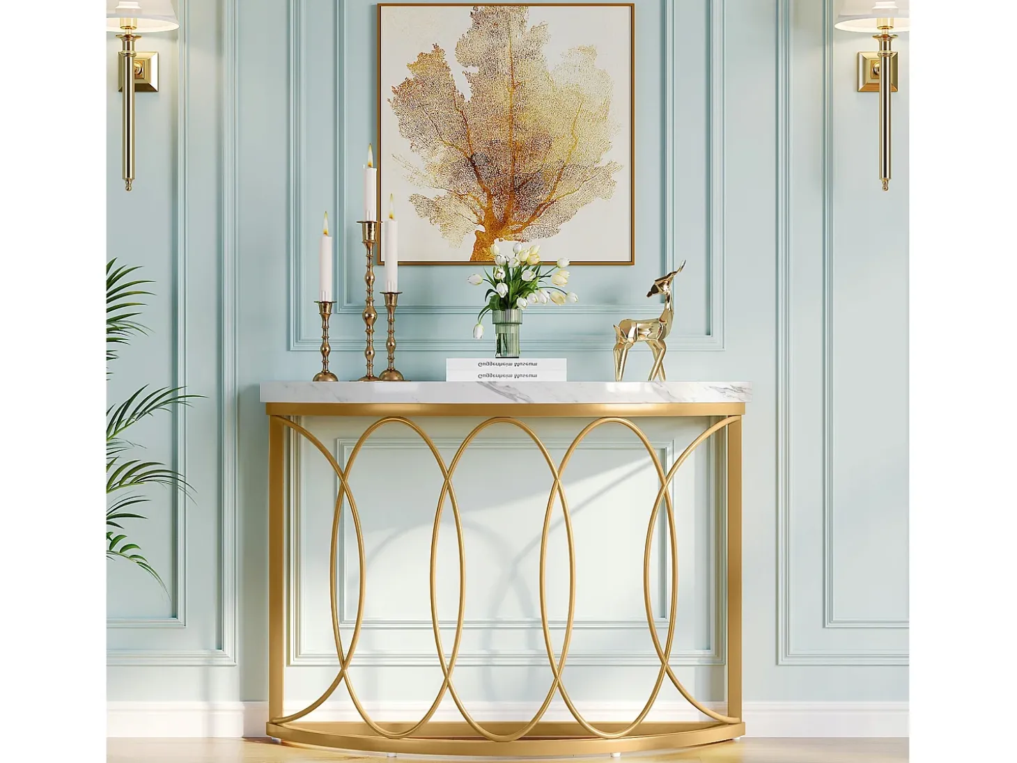 Console de mesa dourada, mesa de cabeceira, mesa de sofá, mesa de corredor com mesa em imitação de mármore, moldura de metal e design em meia lua