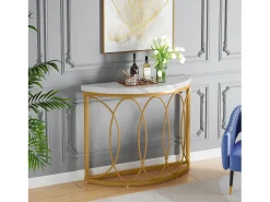 Console de mesa dourada, mesa de cabeceira, mesa de sofá, mesa de corredor com mesa em imitação de mármore, moldura de metal e design em meia lua