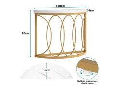 Console de mesa dourada, mesa de cabeceira, mesa de sofá, mesa de corredor com mesa em imitação de mármore, moldura de metal e design em meia lua