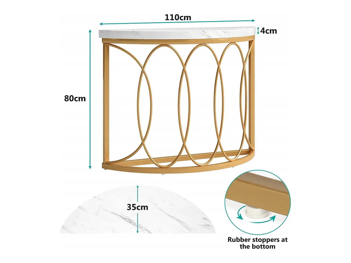 Console de mesa dourada, mesa de cabeceira, mesa de sofá, mesa de corredor com mesa em imitação de mármore, moldura de metal e design em meia lua