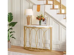 Console de mesa dourada, mesa de cabeceira, mesa de sofá, mesa de corredor com mesa em imitação de mármore, moldura de metal e design em meia lua
