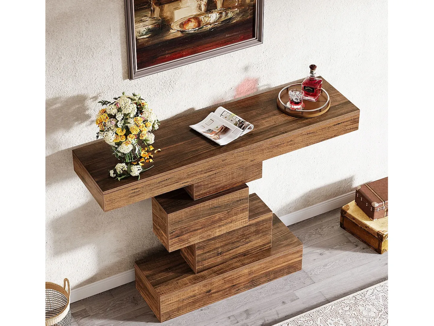 Console de mesa, mesa de apoio de 108 cm feita de madeira estreita atrás do sofá com base geométrica, mesa de entrada industrial, marrom rústico