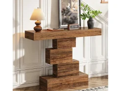 Console de mesa, mesa de apoio de 108 cm feita de madeira estreita atrás do sofá com base geométrica, mesa de entrada industrial, marrom rústico