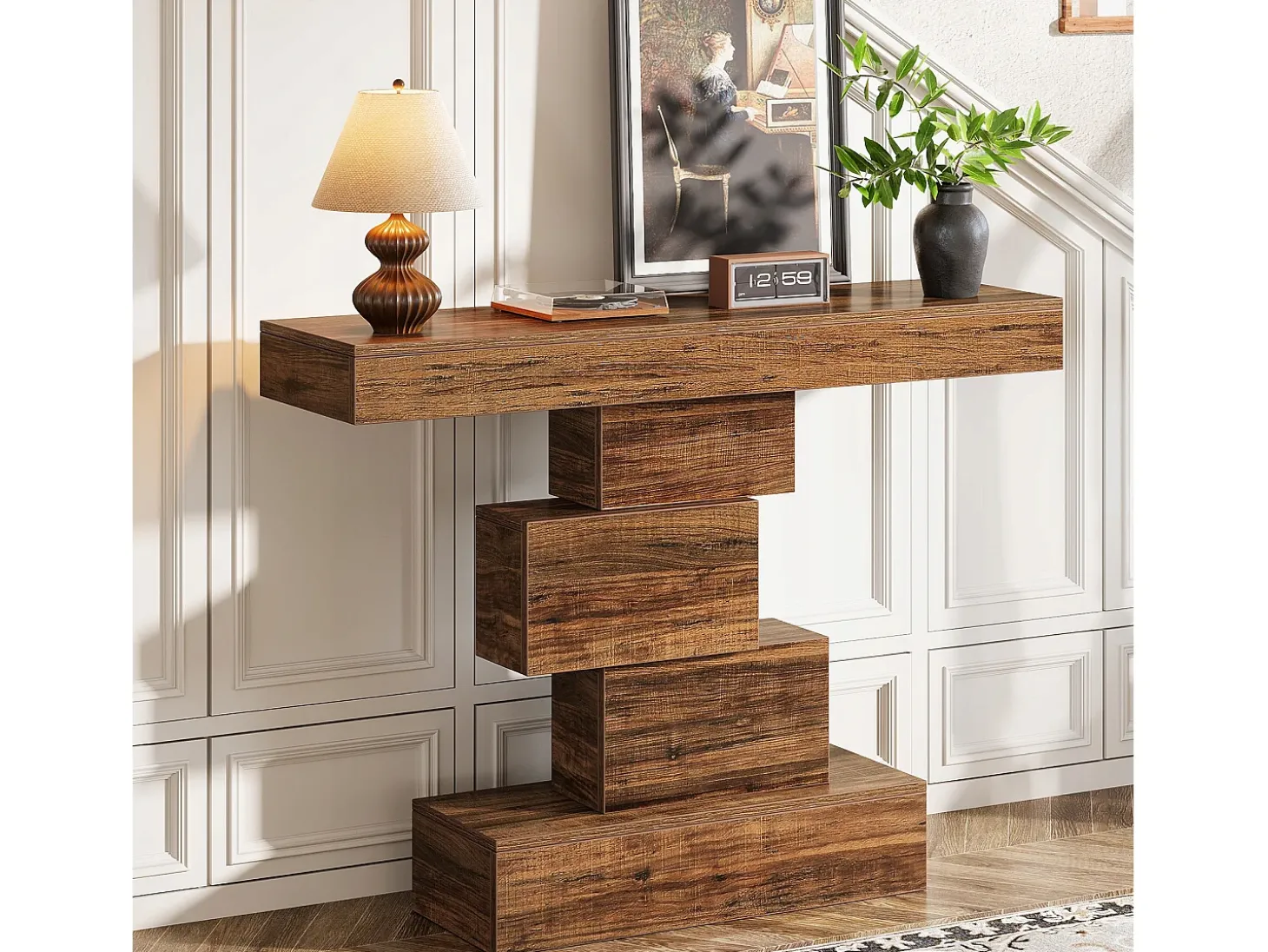 Console de mesa, mesa de apoio de 108 cm feita de madeira estreita atrás do sofá com base geométrica, mesa de entrada industrial, marrom rústico