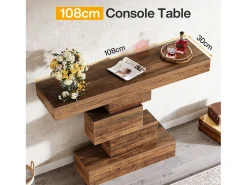 Console de mesa, mesa de apoio de 108 cm feita de madeira estreita atrás do sofá com base geométrica, mesa de entrada industrial, marrom rústico