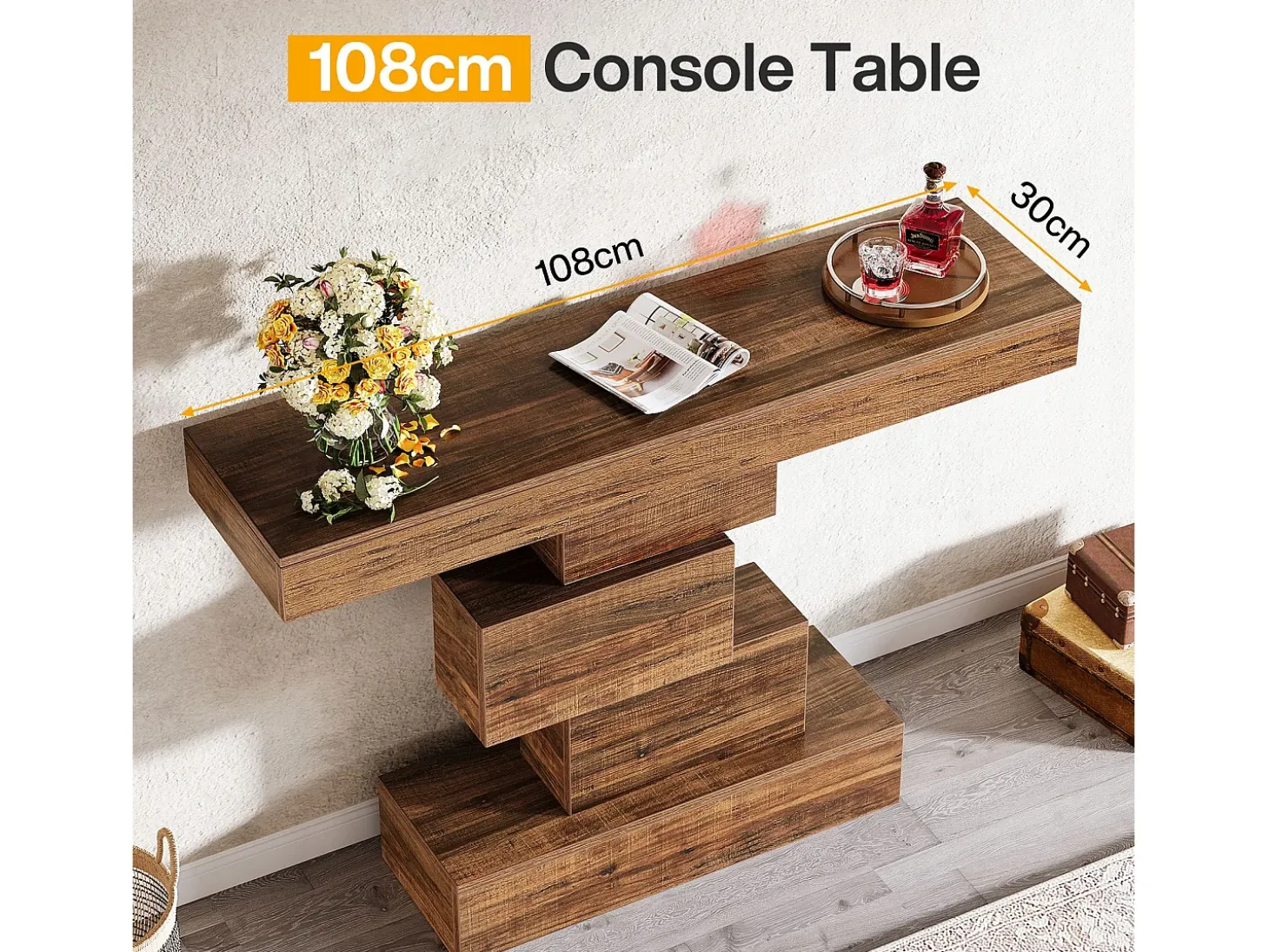 Console de mesa, mesa de apoio de 108 cm feita de madeira estreita atrás do sofá com base geométrica, mesa de entrada industrial, marrom rústico