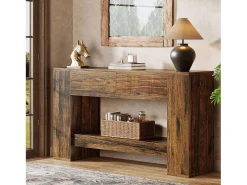 Console de Mesa Rústica Marrom com 2 Gavetas, Console de Mesa Estreita de 2 Níveis de 140cm