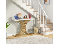 Console estreita para mesa, mesa auxiliar com estrutura em metal dourado, 100 x 30 x 80 cm, pequena mesa de exposição