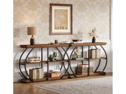 Console industrial de mesa com três níveis, com estrutura de metal arqueada e prateleiras de armazenamento