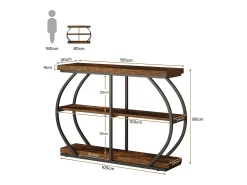 Console industrial de mesa com três níveis, com estrutura de metal arqueada e prateleiras de armazenamento