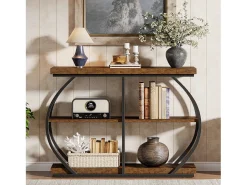 Console industrial de mesa com três níveis, com estrutura de metal arqueada e prateleiras de armazenamento