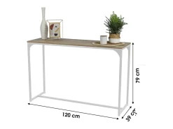 Console style industriel collection PUEBLO. Coloris chêne, structure robuste en métal blanc.