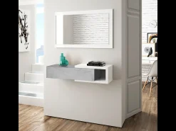 Console suspensa reversível com 1 gaveta e 1 espelho L95 cm - NOON Branco Fosco e Cinza Cemento