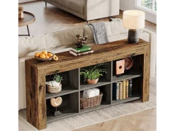 Console table com 160 cm de comprimento, mesa de entrada em madeira rústica com 6 cubos de armazenamento