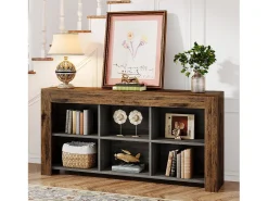Console table com 160 cm de comprimento, mesa de entrada em madeira rústica com 6 cubos de armazenamento