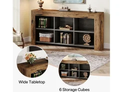 Console table com 160 cm de comprimento, mesa de entrada em madeira rústica com 6 cubos de armazenamento