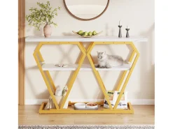 Console 120x29,5x80 cm - con tampo efeito mármore - Metal - Branco + dourado