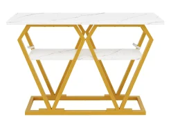 Console 120x29,5x80 cm - con tampo efeito mármore - Metal - Branco + dourado