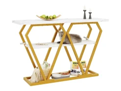 Console 120x29,5x80 cm - con tampo efeito mármore - Metal - Branco + dourado