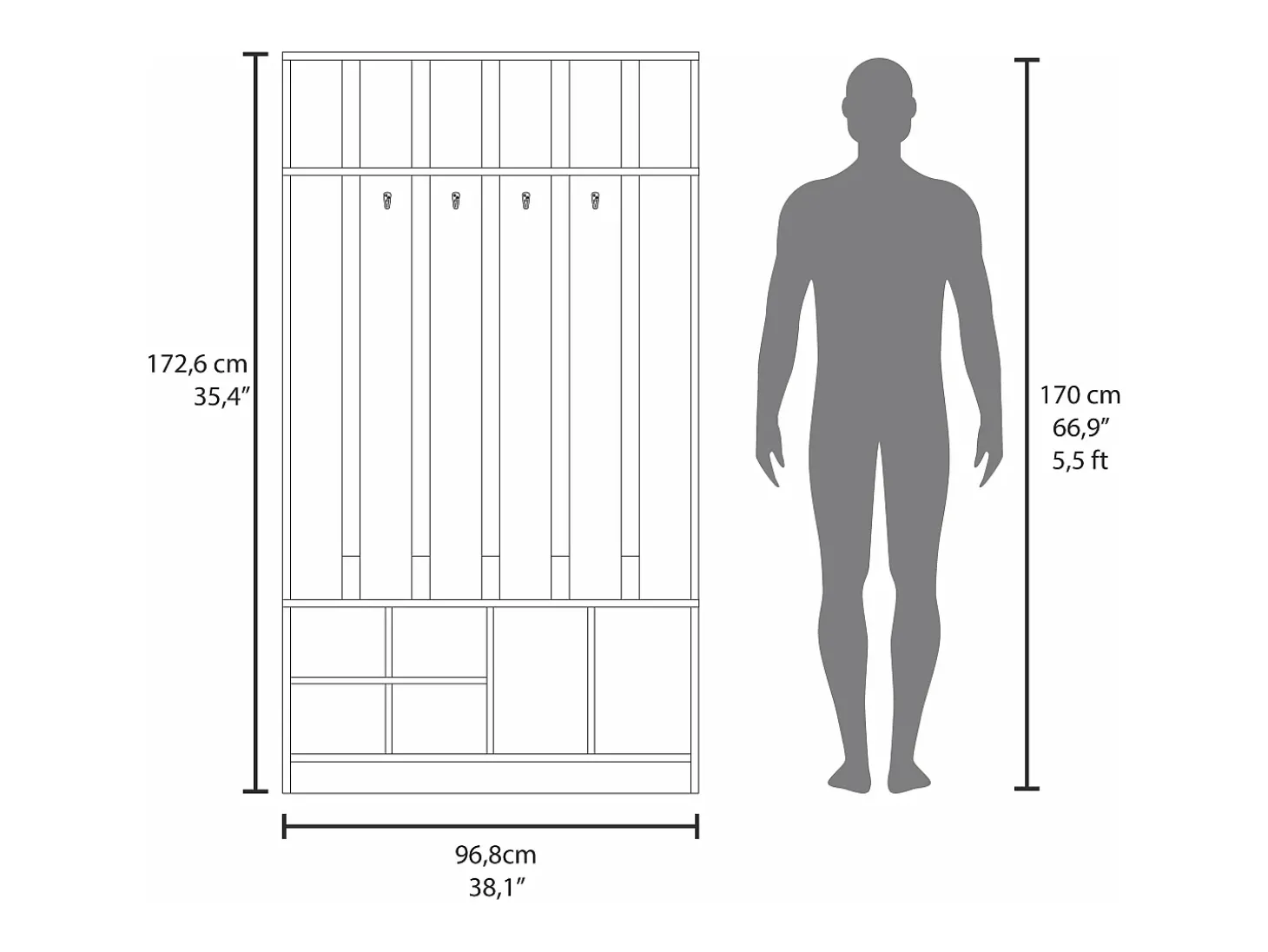 Corredor de tulcan em melamina com 8 prateleiras e 4 ganchos para pendurar roupa , Cinzento , 172,6 cm X 96,8 cm X 39,3 cm