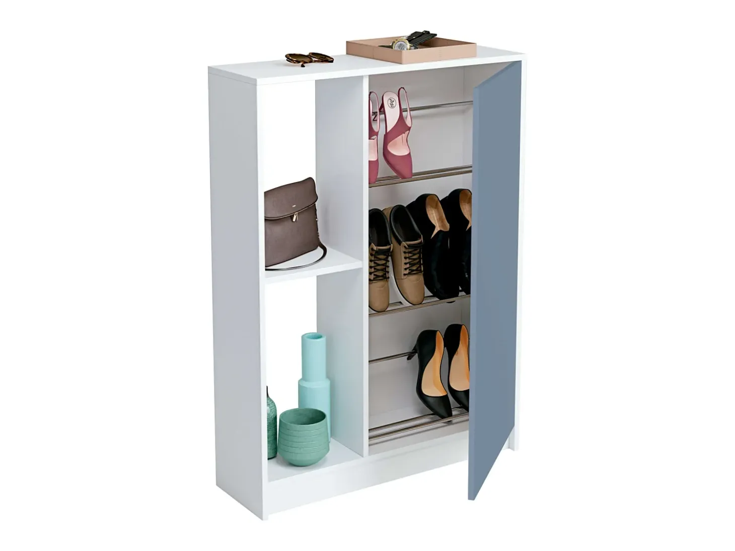 Corredor Neo com Sapateira em Azul e Branco Brilhante 110x80x25 cm