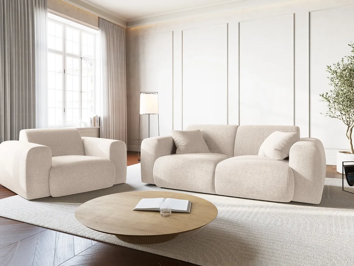 Cosmopolitan Design - Poltrona "Nolio" 2 lugares em tecido chenille bege claro - 105x95x72cm
