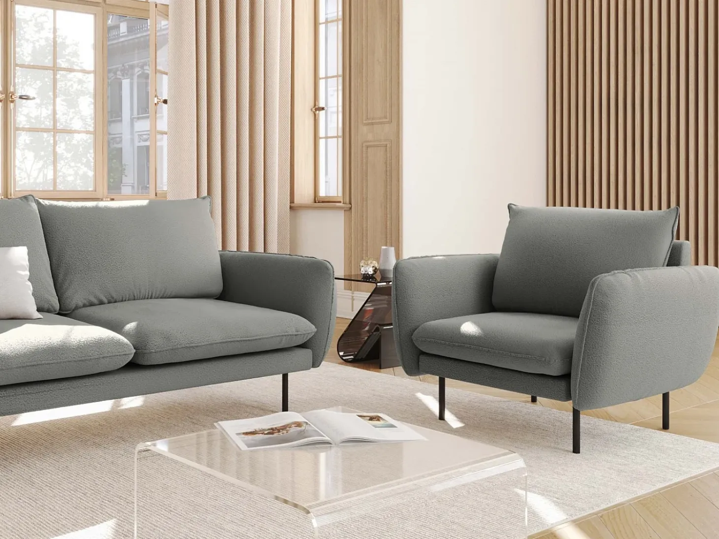 Cosmopolitan Design - Poltrona "Vienna" em tecido bouclé cinza - 97x94x95cm