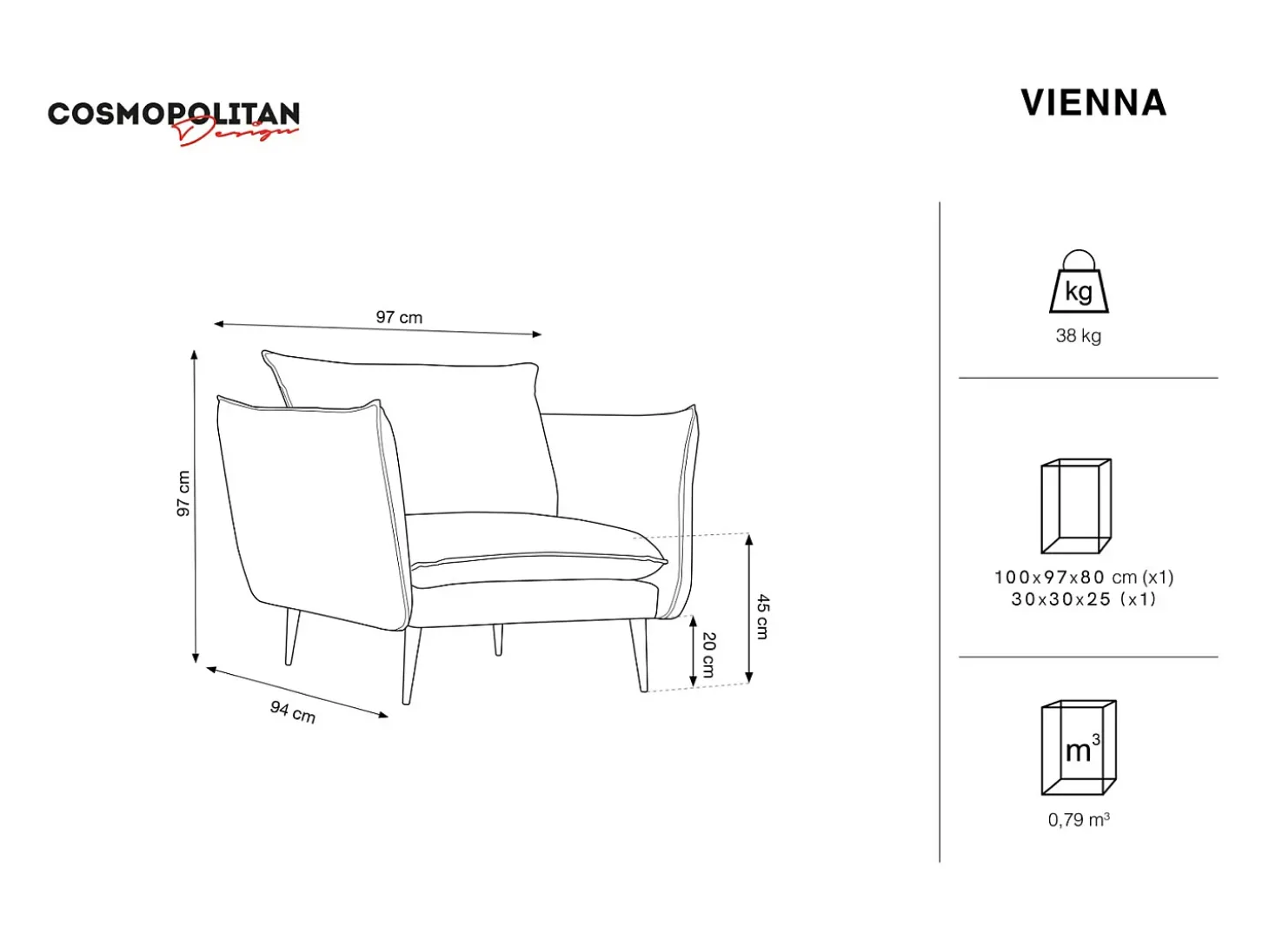 Cosmopolitan Design - Poltrona "Vienna" em tecido bouclé cinza - 97x94x95cm