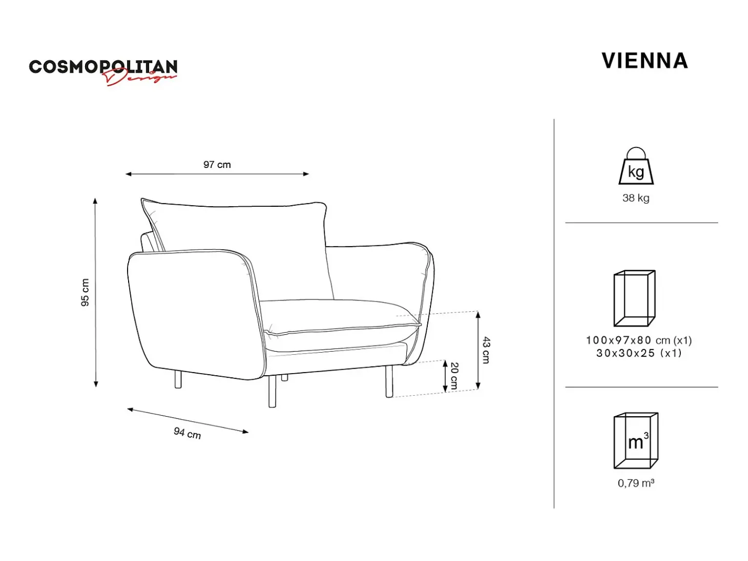 Cosmopolitan Design - Poltrona "Vienna" em veludo azul real - 97x94x95cm