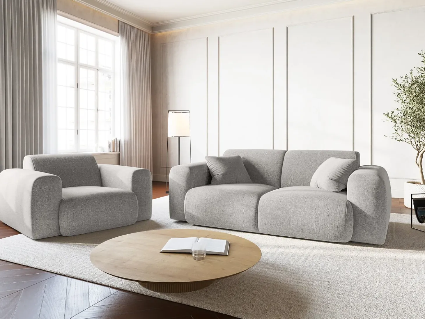 Cosmopolitan Design - Poltrona "Nolio" 2 lugares em tecido chenille cinza claro - 105x95x72cm