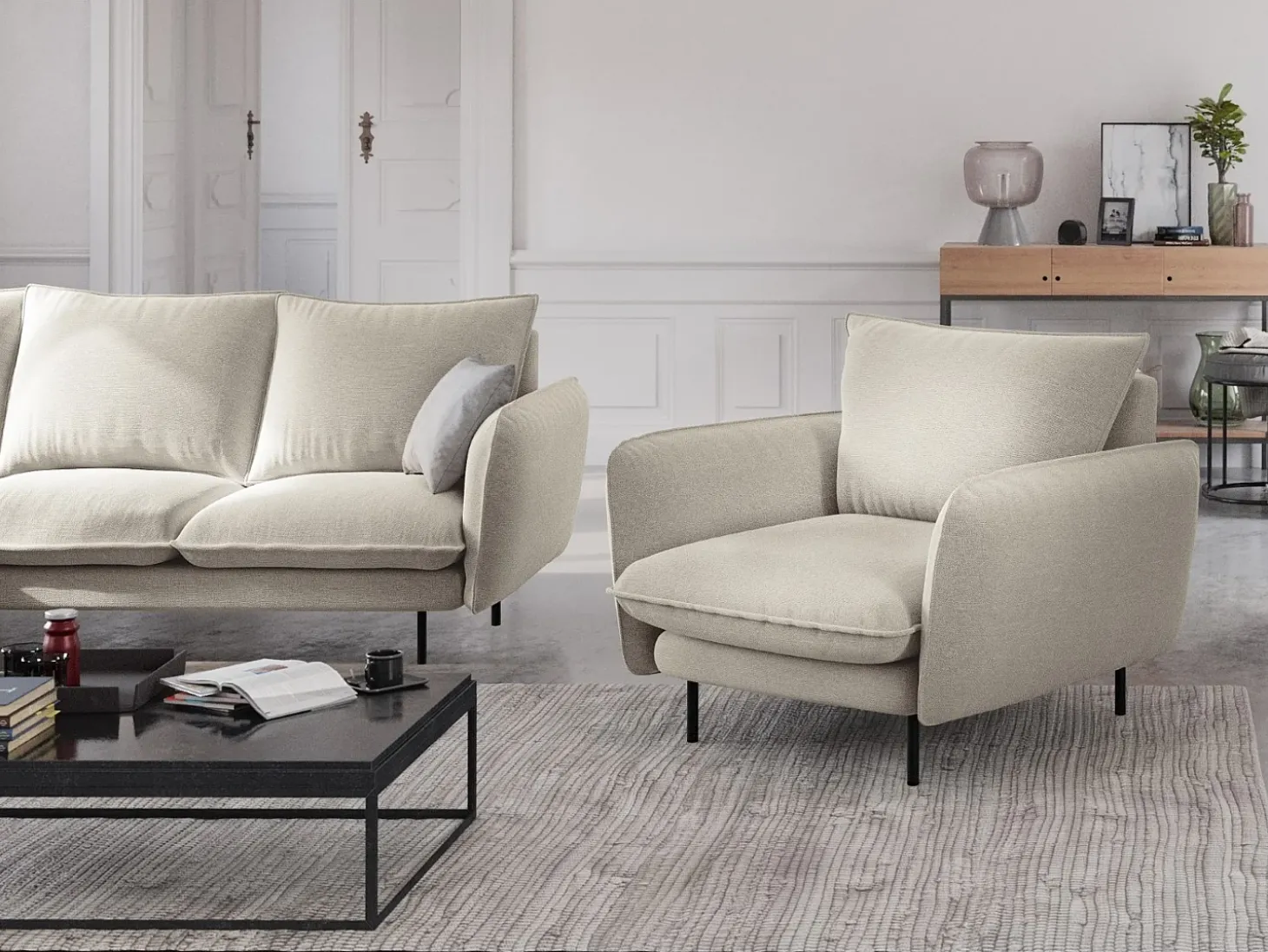 Cosmopolitan Design - Poltrona "Vienna" em tecido estrutural bege claro - 97x94x95cm