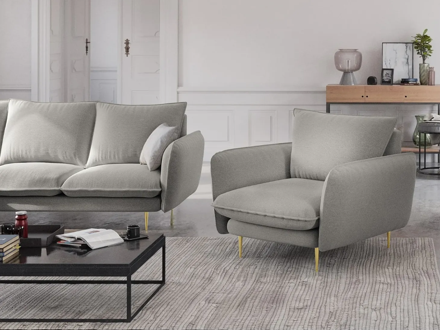 Cosmopolitan Design - Poltrona "Vienna" em tecido estrutural cinza claro - 97x94x95cm