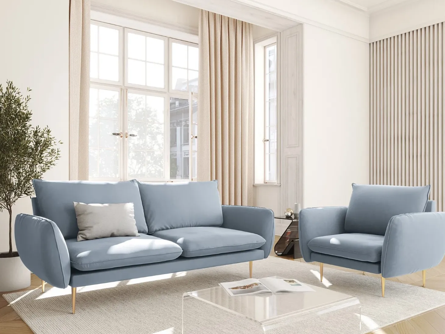 Cosmopolitan Design - Poltrona "Vienna" em veludo azul claro - 97x94x95cm