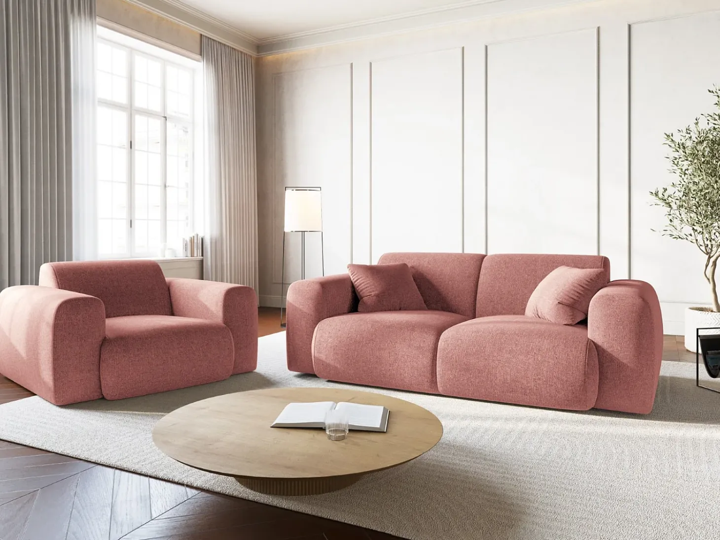 Cosmopolitan Design - Poltrona "Nolio" 2 lugares em tecido chenille rosa - 105x95x72cm