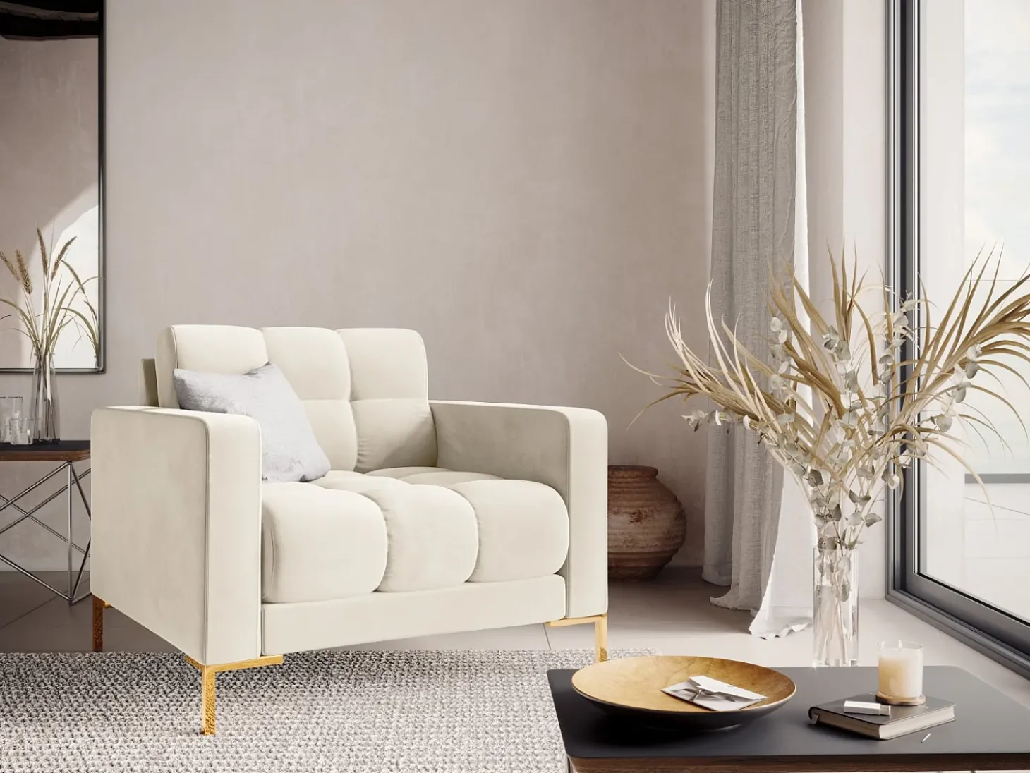 Cosmopolitan Design - Poltrona "Bali" em veludo bege claro - 87x92x75cm