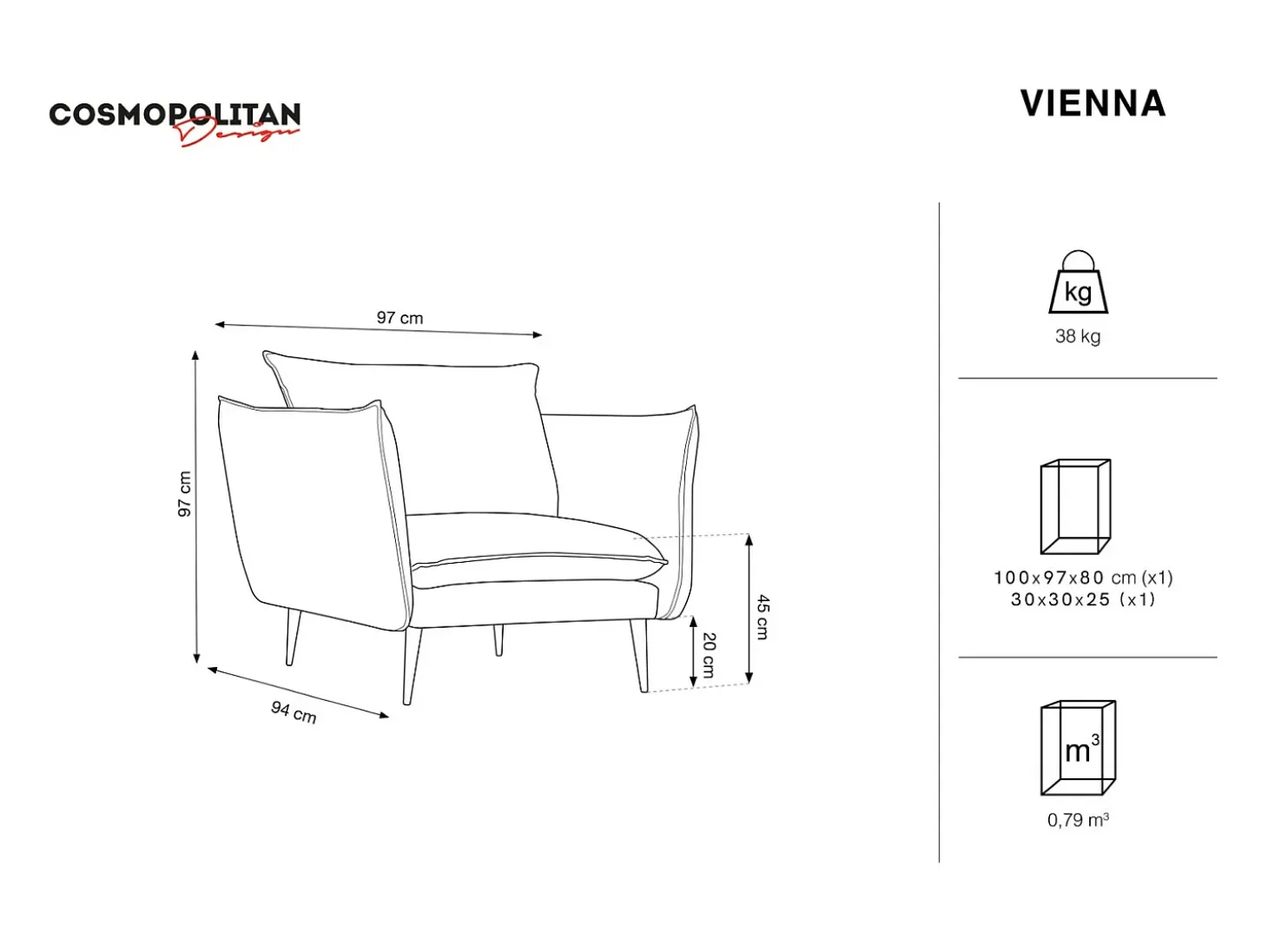 Cosmopolitan Design - Poltrona "Vienna" em tecido estrutural cinza escuro - 97x94x95cm