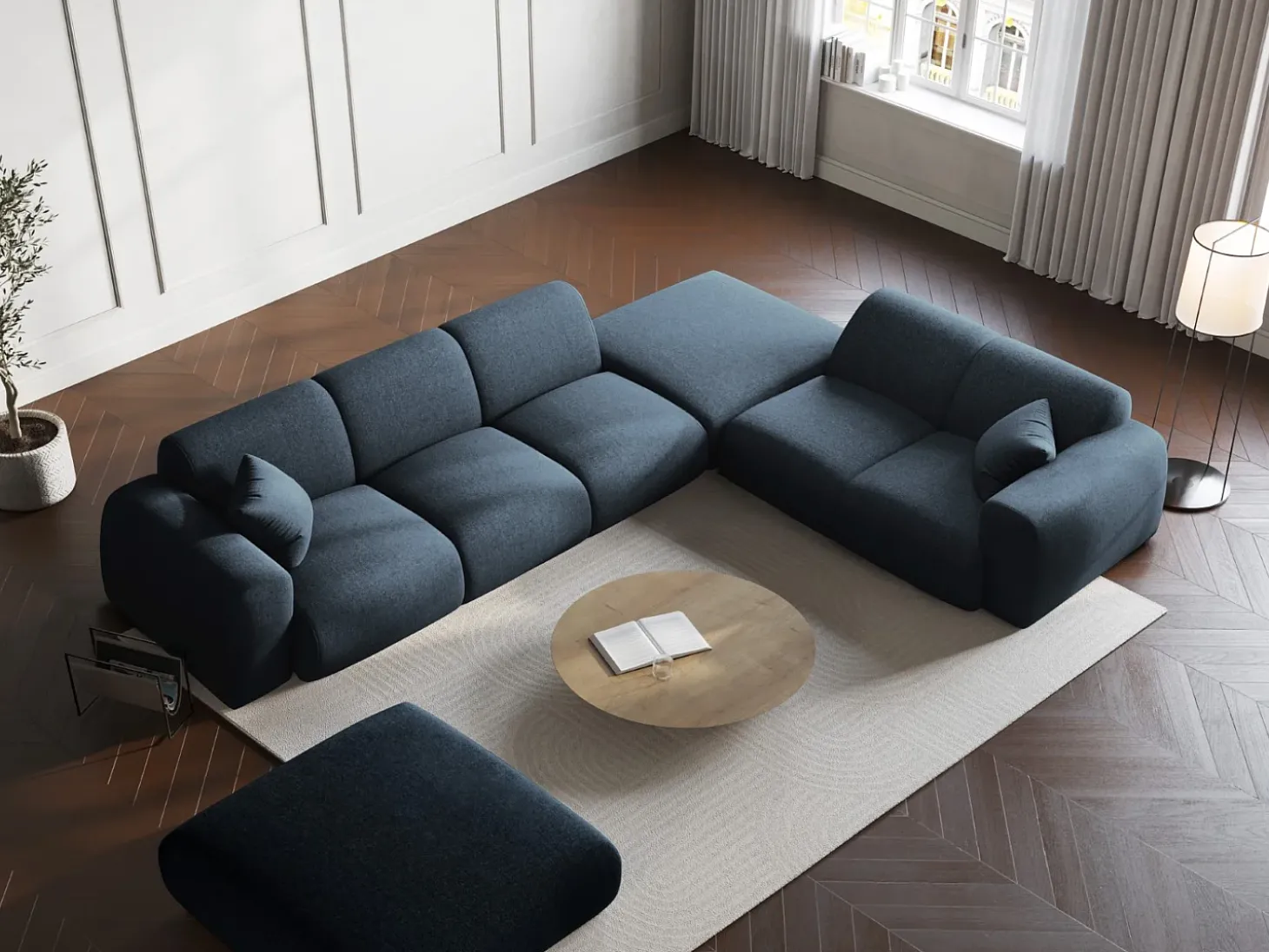 Cosmopolitan Design - Sofá de canto direito "Nolio" 4 lugares em tecido chenille azul real - 315x250x72cm