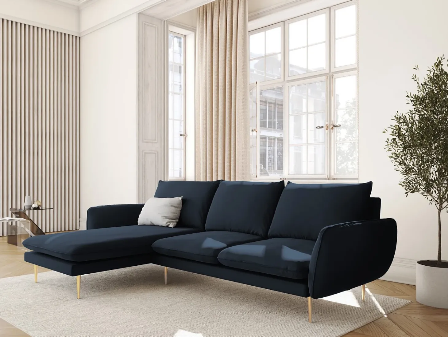 Cosmopolitan Design - Sofá de canto esquerdo "Vienna" 5 lugares em veludo azul escuro - 255x170x95cm