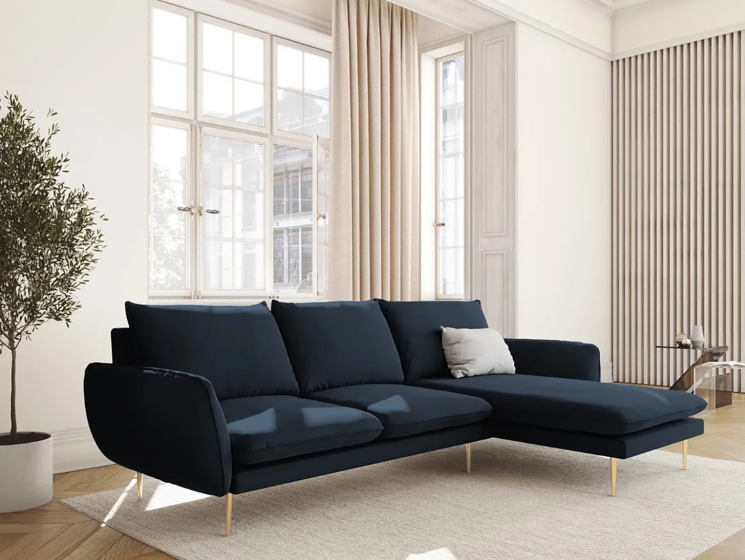 Cosmopolitan Design - Sofá de canto direito "Vienna" 5 lugares em veludo azul escuro - 255x170x95cm