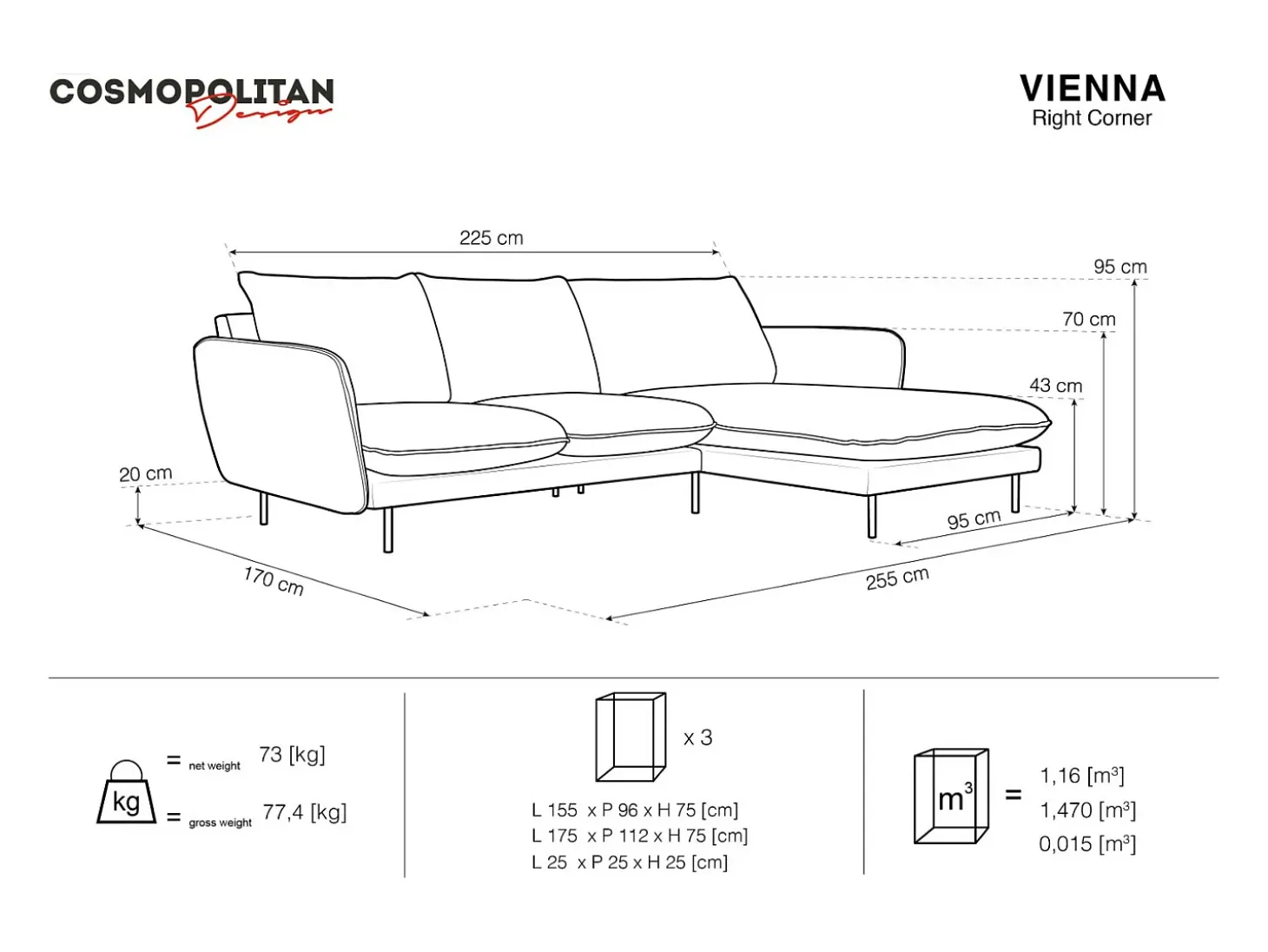 Cosmopolitan Design - Sofá de canto direito "Vienna" 5 lugares em veludo azul escuro - 255x170x95cm